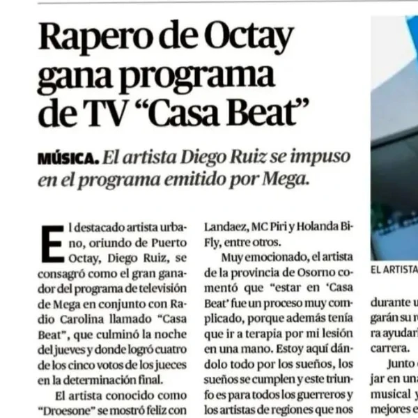 Diego Ruiz rapero de Octay gana programa de TV Casa Beat